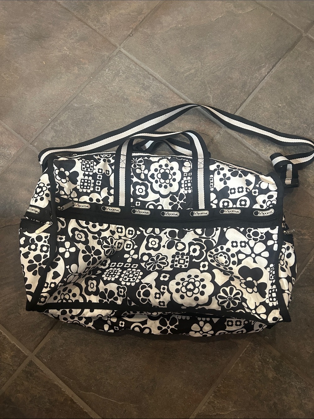 LeSportsac Black & White Floral large Travel duffel Tote Bag